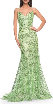 La Femme Print Sequin Mermaid Dress with Lace Up Back