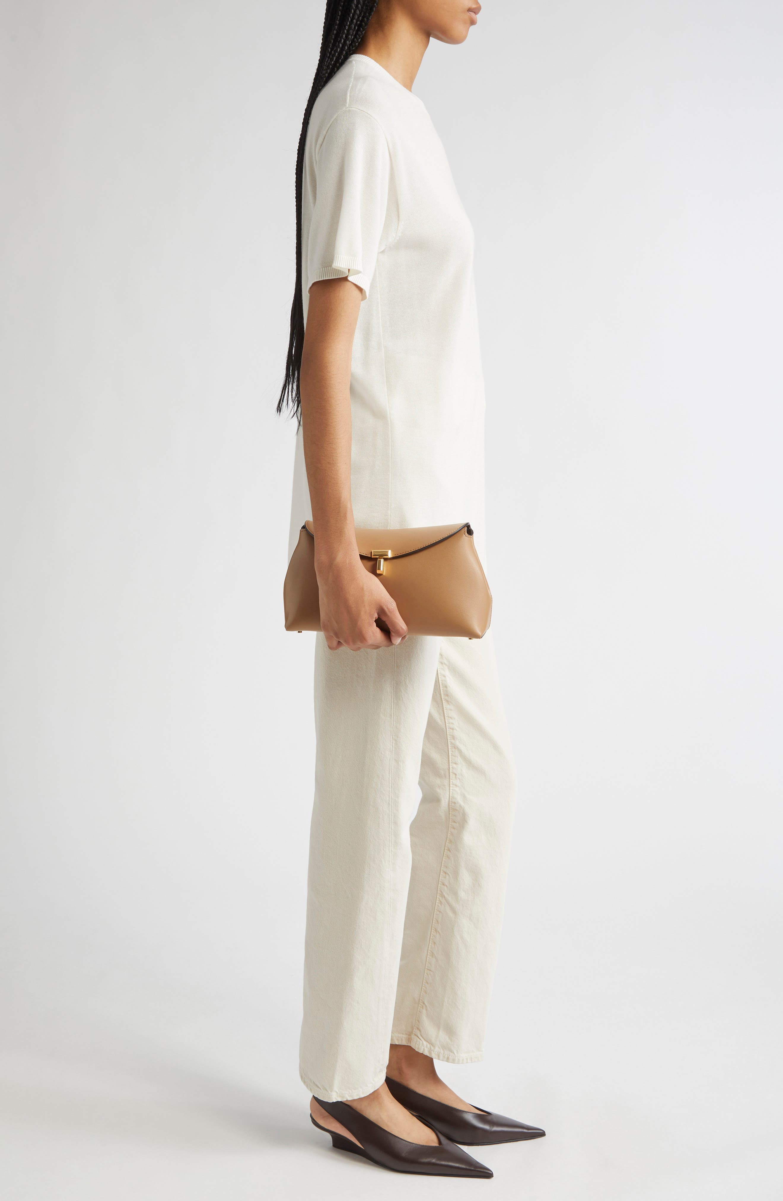 TOTEME Palmellata T-Lock Leather Clutch Crossbody, Alternate, color, Camel