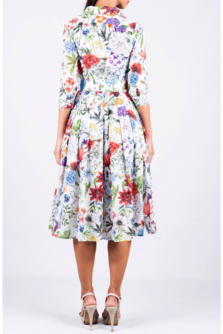 Multicolor Botanic Pleated Midi Shirtdress, Alternate, color, White