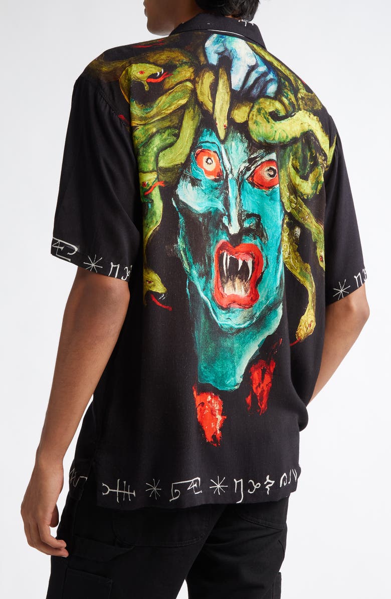 ENDLESS JOY Medusa Print Short Sleeve Button-Up Shirt, Alternate, color,