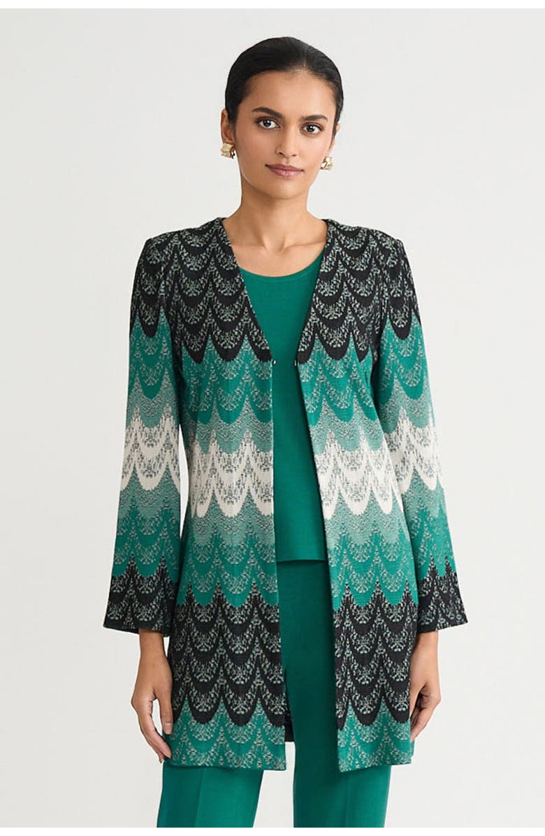 Ming Wang Heritage Scalloped Jacquard Soft Knit Jacket, Main, color, Everest/Twig/Black/Ivory