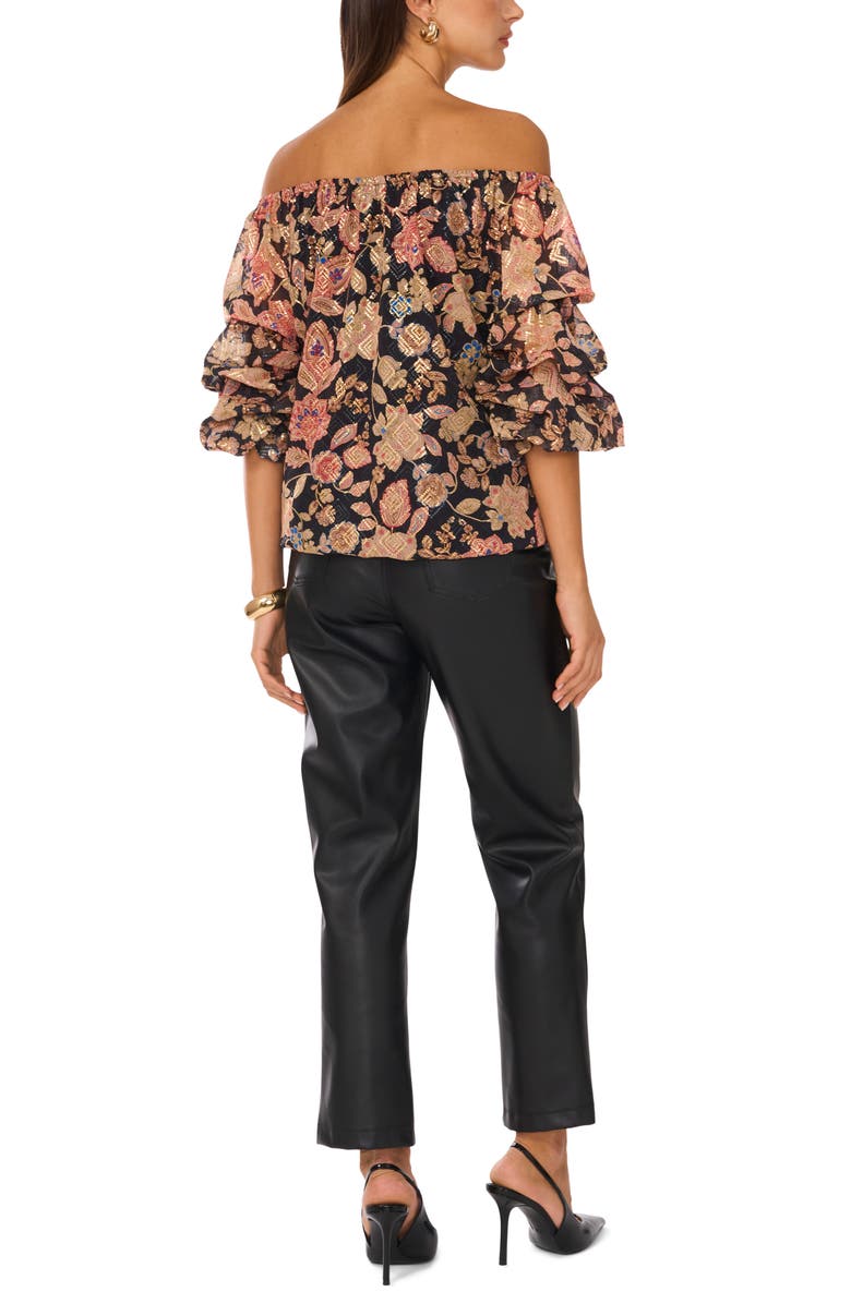 Vince Camuto Floral Off the Shoulder Bubble Sleeve Top, Alternate, color, Rich Black