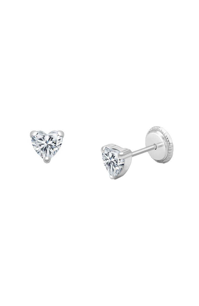 Tiny Blessings 14K Gold 4mm Clear Heart Studs Screw Back Earrings, Main, color, 14K White Gold