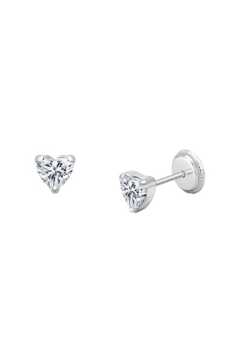 14K Gold 4mm Clear Heart Studs Screw Back Earrings