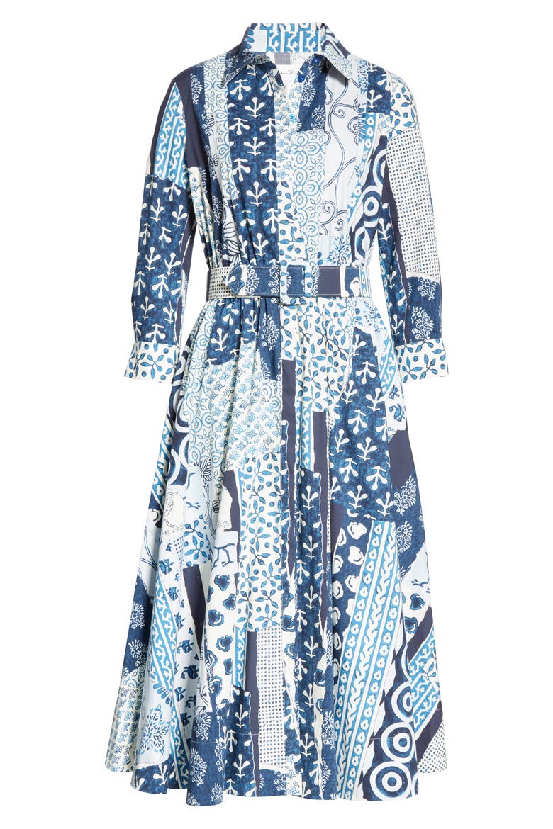 Woodblock Print Long Sleeve Poplin Midi Shirtdress, Alternate, color, INDIGO