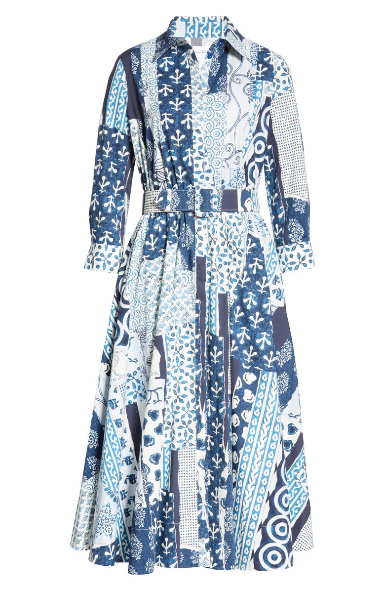 Oscar de la Renta Woodblock Print Long Sleeve Poplin Midi Shirtdress, Alternate, color, 