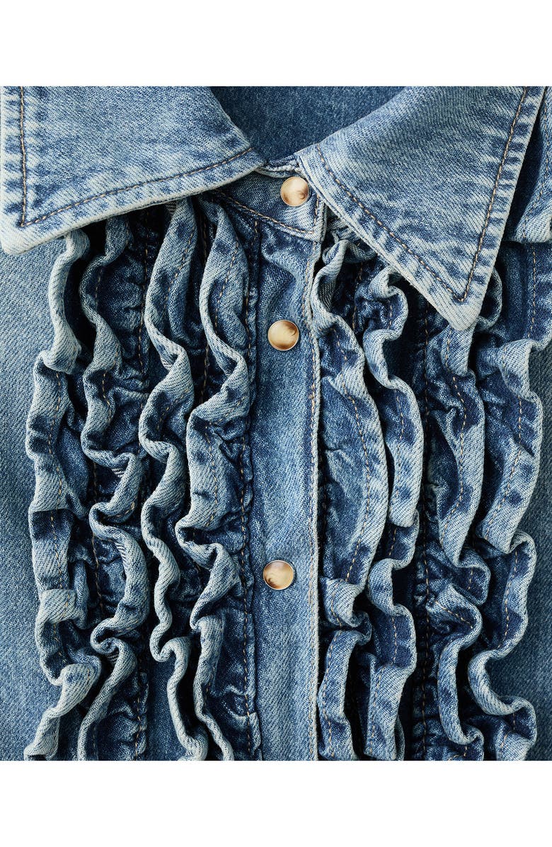 MANGO Ruffle Denim Shirt, Alternate, color, Medium Blue