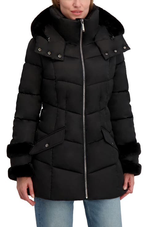 Petal Faux Fur Trim Hooded Puffer Jacket