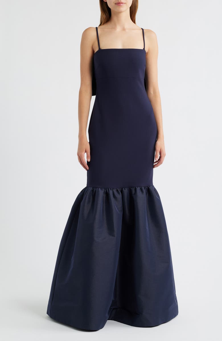 LIKELY Morgette Bow Back Mixed Media Mermaid Gown, Main, color, Navy