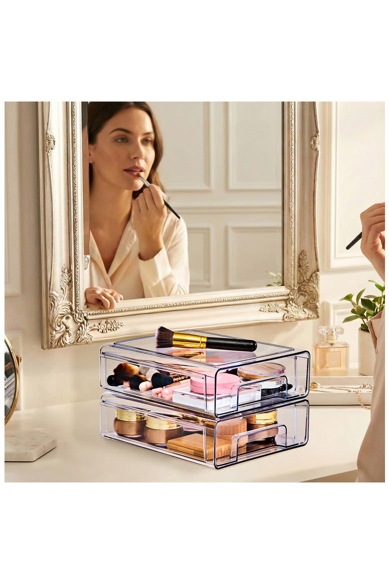 Set of 2 Medium Clear Stackable Drawers, Alternate, color, CLEAR