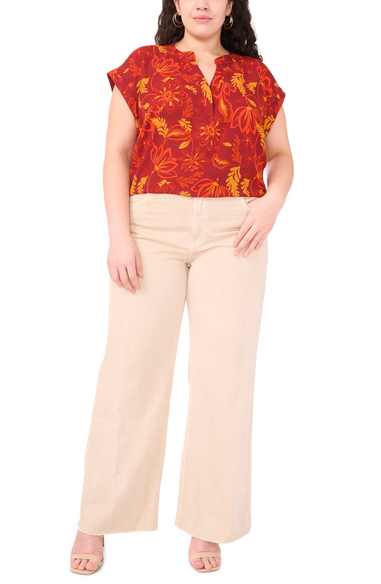 Vince Camuto Floral Split Neck Top, Alternate, color, Chili