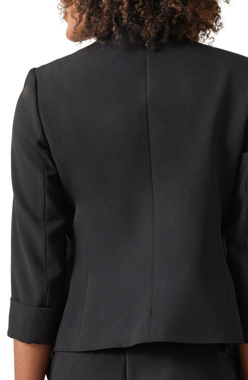 Kasper Petite Stretch-crepe Zipper-pocket Open-front Cuffed Blazer In Black