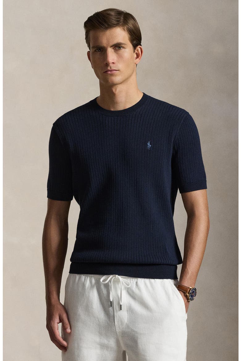 Ribbed Cotton Short Sleeve Sweater, Alternate, color, HUNTER NAVY