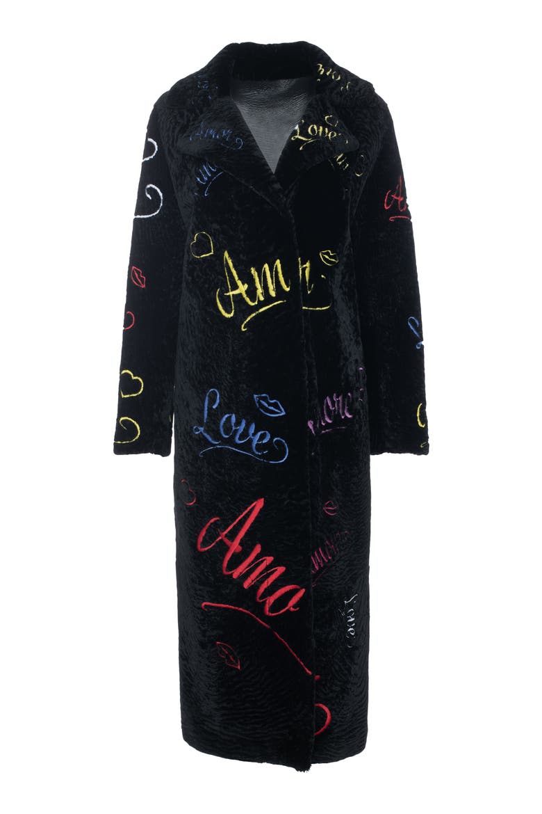 Genuine Shearling Embroidered "Love" Coat, Alternate, color, BLACK MULTI
