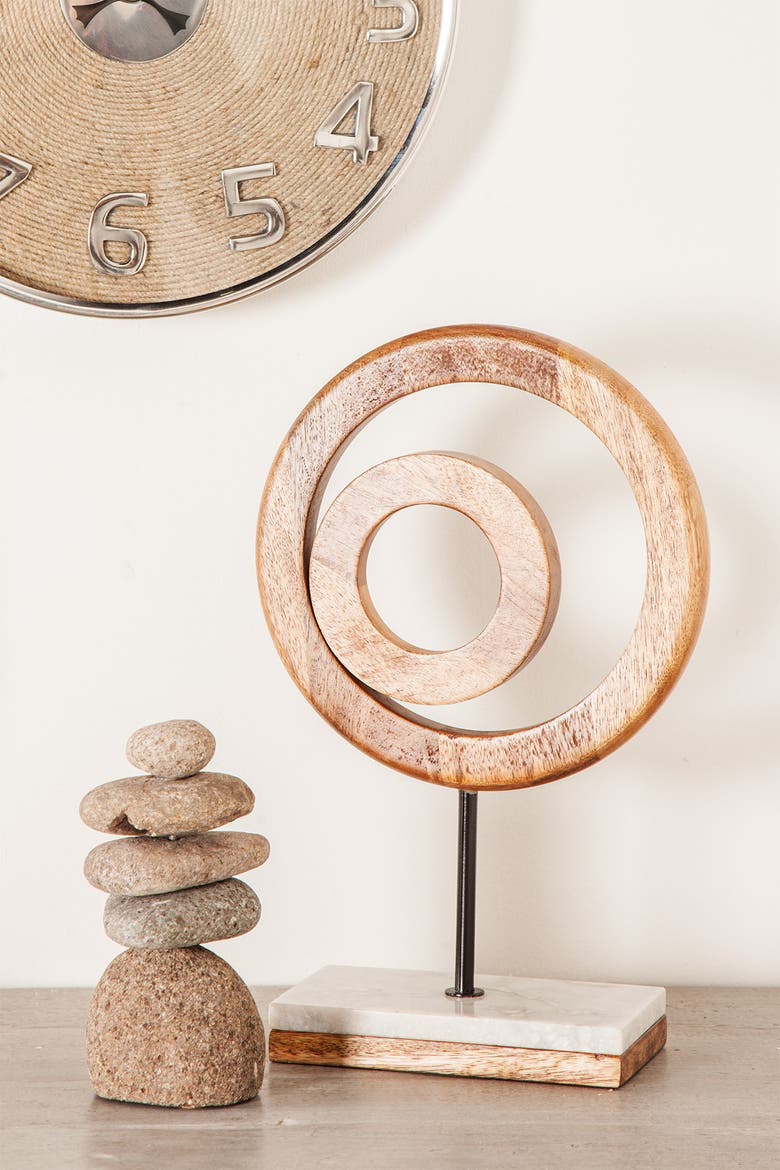 Brown Mango Wood Circle Geometric Sculpture with Marble Stand, Main, color, BROWN