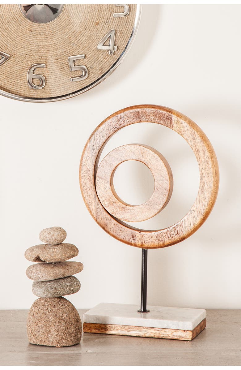 WILLOW ROW Brown Mango Wood Circle Geometric Sculpture with Marble Stand, Main, color, 