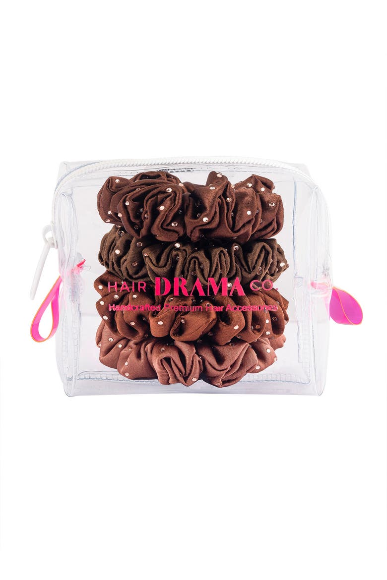 Luxury silk Scrunchies Set of 4 with Free Pouch - Brown Crystal Gift Set, Alternate, color, Brown
