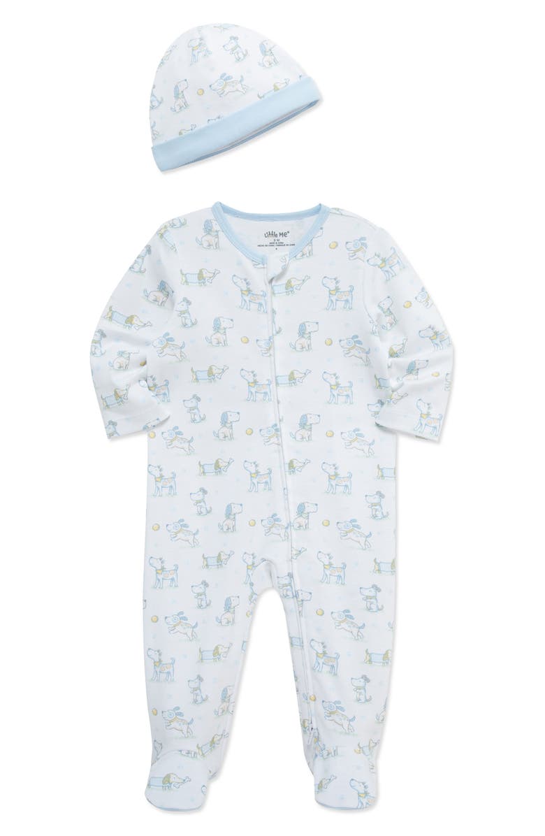 Little Me Puppy Fun Print Cotton Footie & Hat Set, Alternate, color, 