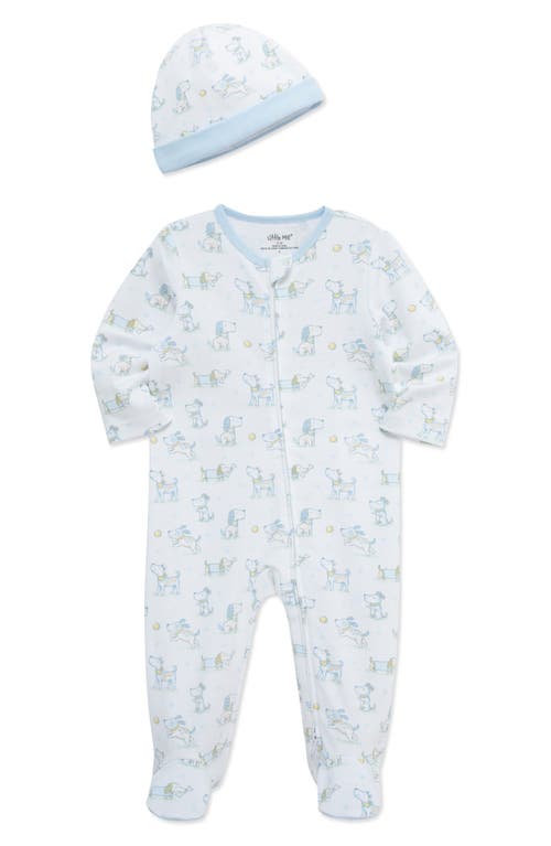 Shop Little Me Puppy Fun Print Cotton Footie & Hat Set In Blue