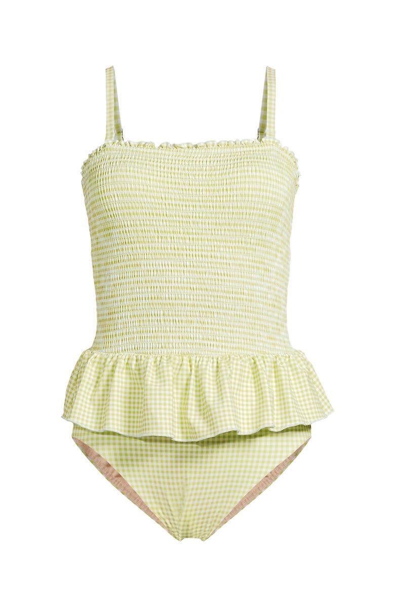 Lands' End Smocked Bandeau Peplum One Piece Swimsuit, Alternate, color, Bright Pistachio Gingham