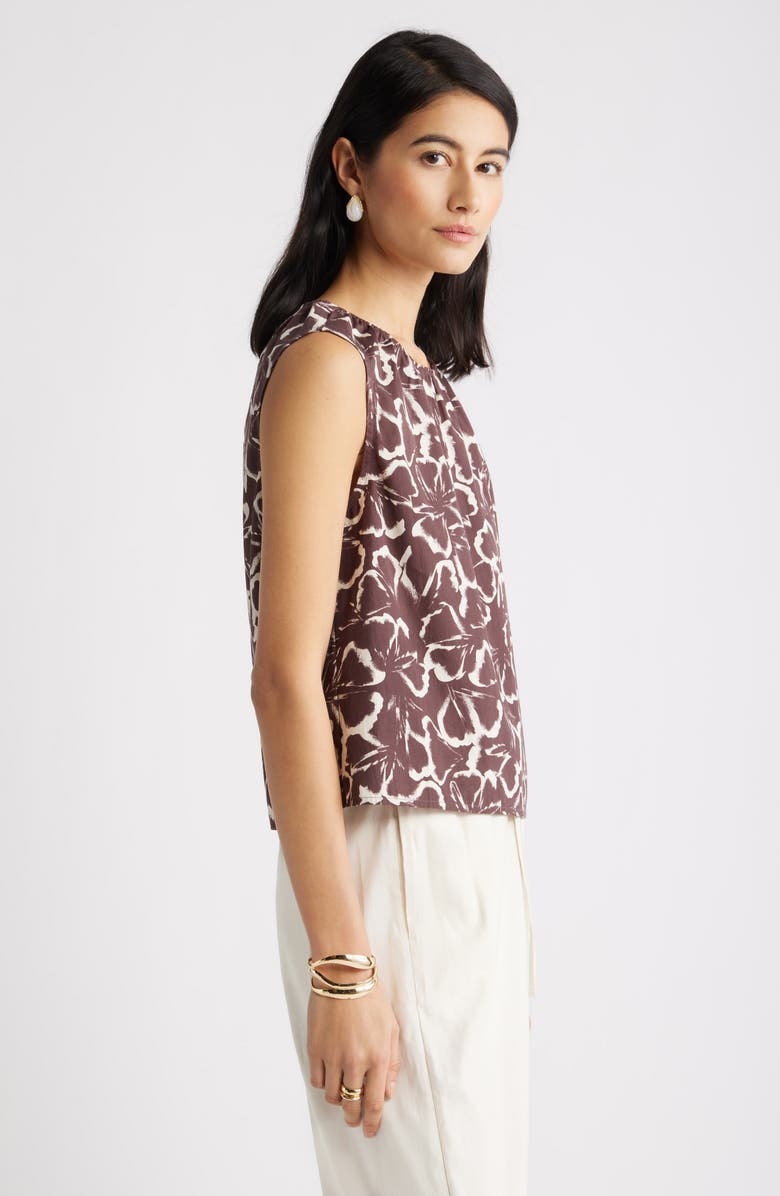 Nordstrom Floral Gathered Neck Poplin Sleeveless Top, Alternate, color, Brown Floating Ginko