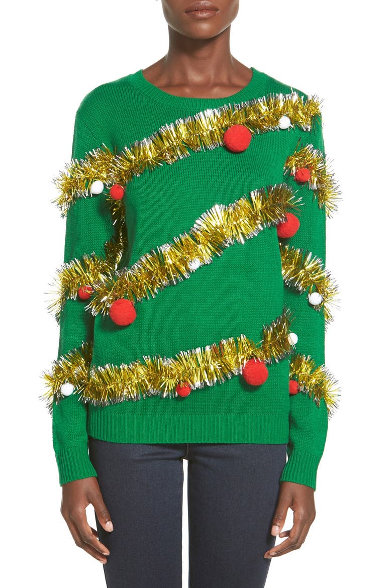Tinsel Ball Christmas Sweater, Main, color, GREEN
