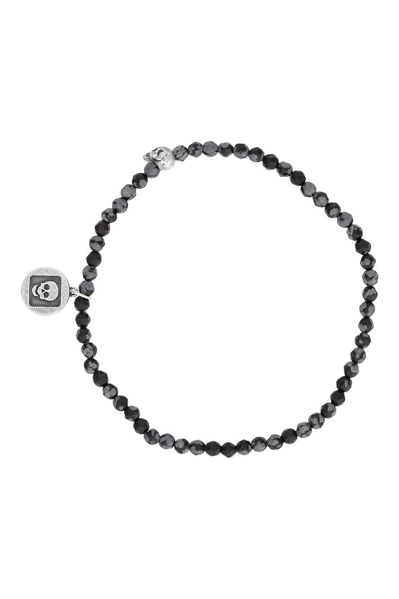 Skull Obsidian Beaded Stretch Bracelet, Main, color, BLACK/SILVER