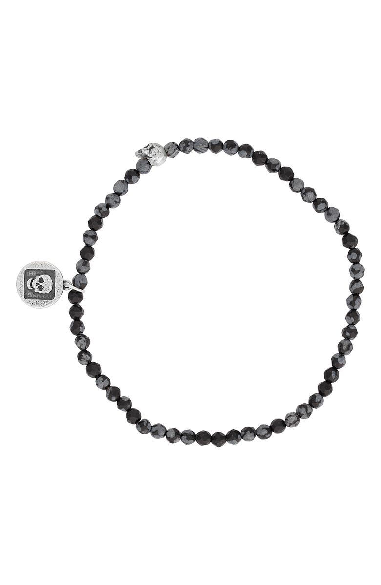 John Varvatos Skull Obsidian Beaded Stretch Bracelet, Main, color, Black/Silver