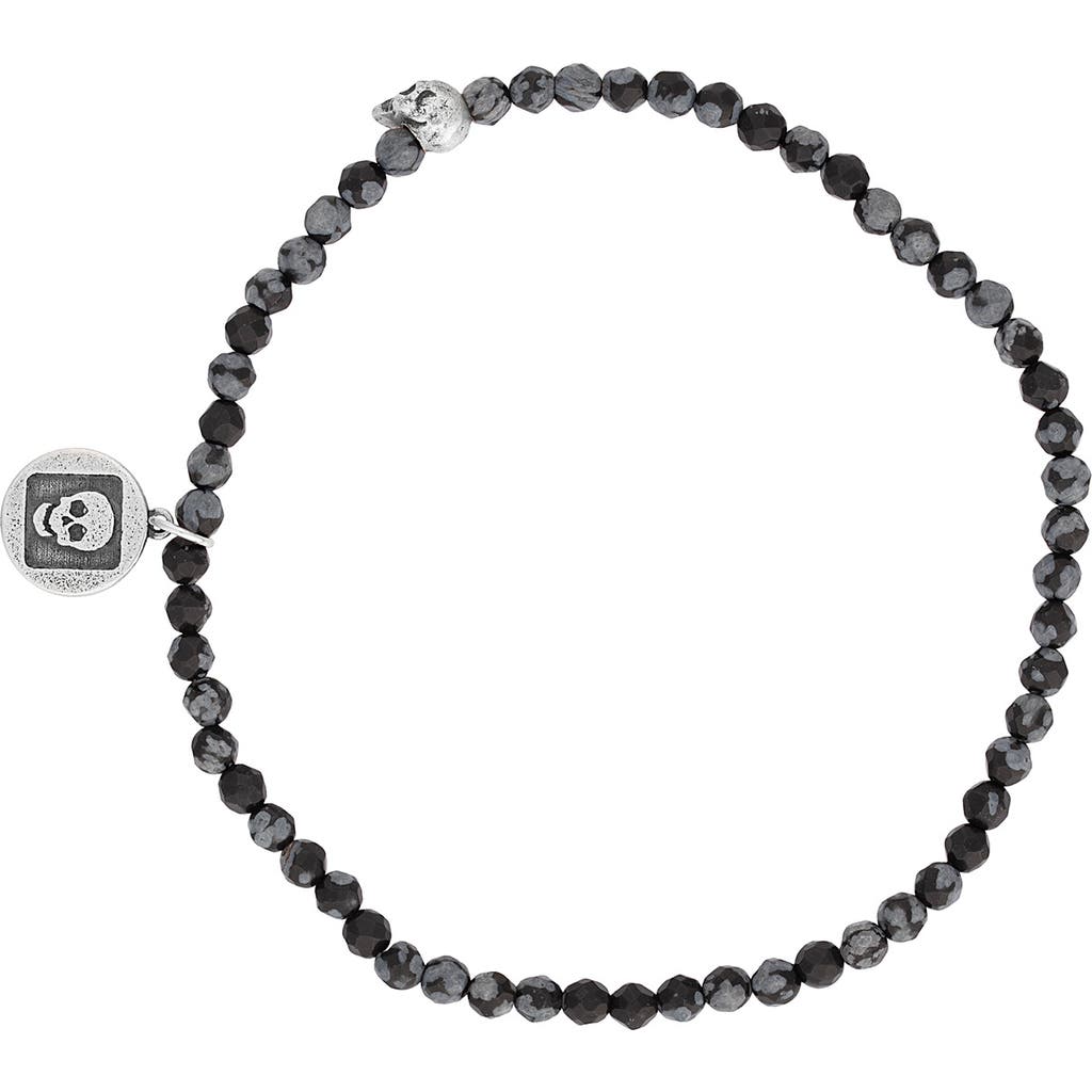 John Varvatos Skull Obsidian Beaded Stretch Bracelet In Black/silver