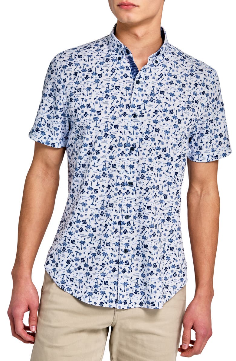 CONSTRUCT Slim Fit 4-Way Stretch Short Sleeve Button-Up Shirt, Main, color, White/ Blue