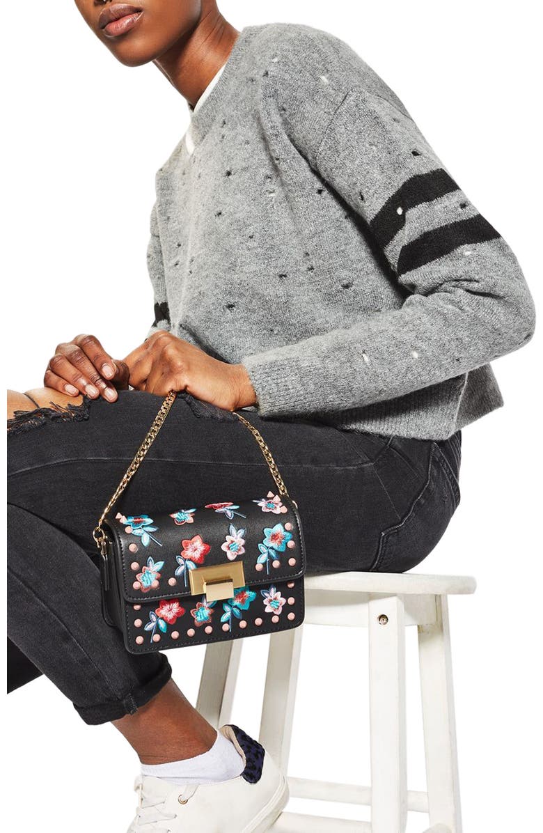 Topshop Rosie Floral Stud Faux Leather Crossbody Bag, Alternate, color,