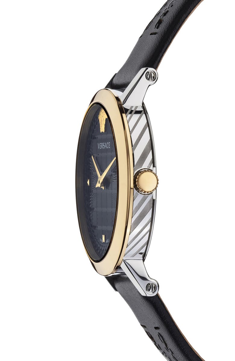 Versace Virtus Texture Dial Leather Strap Watch, 37mm, Alternate, color,