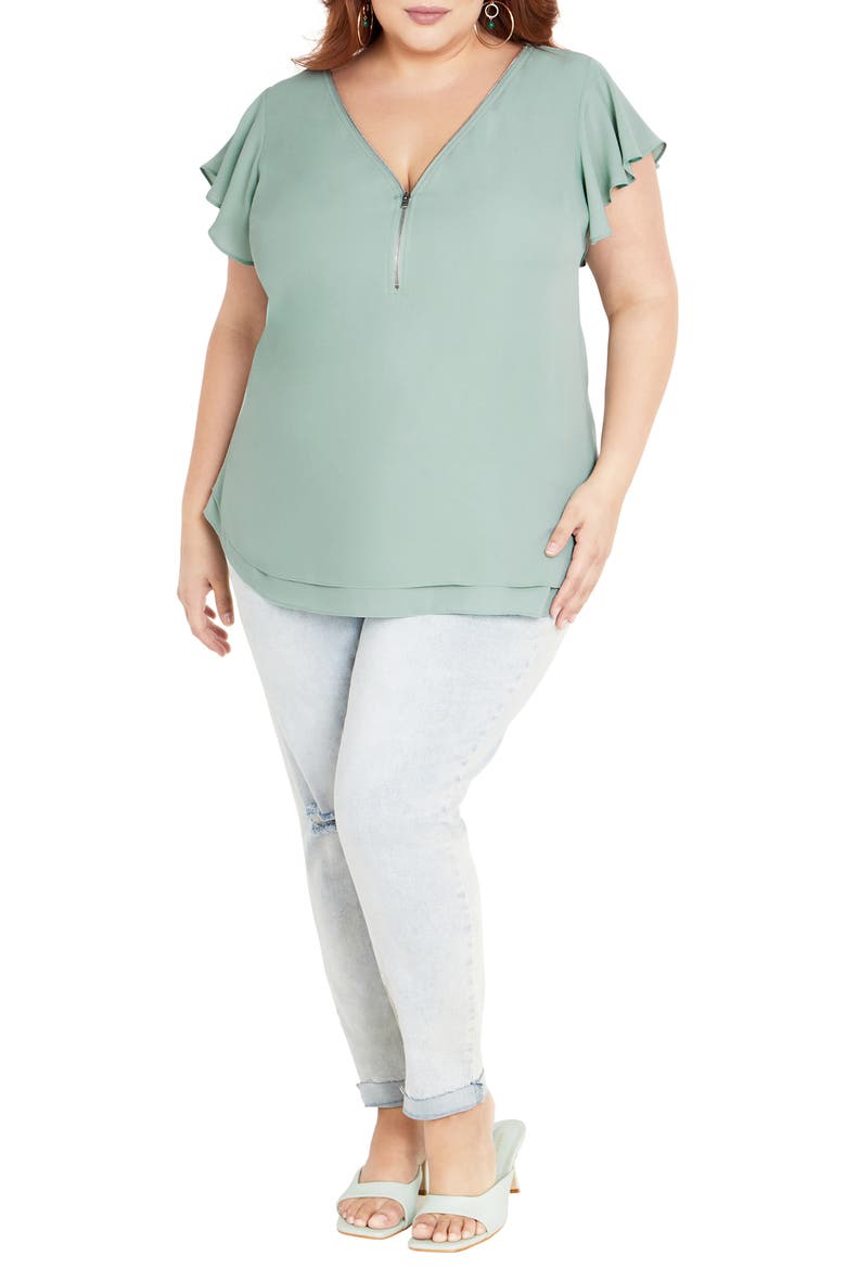 Florrie Zip Flutter Sleeve Top, Alternate, color, SEAFOAM