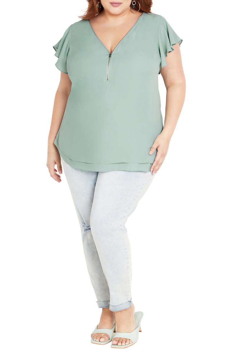 City Chic Florrie Zip Flutter Sleeve Top, Alternate, color, Seafoam