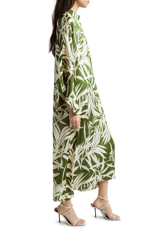 La Vie Style House Leaf Print Long Sleeve Satin Cover-up Caftan In Green/white
