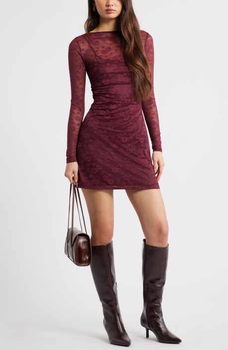 Open Edit Long Sleeve Lace Body-Con Dress