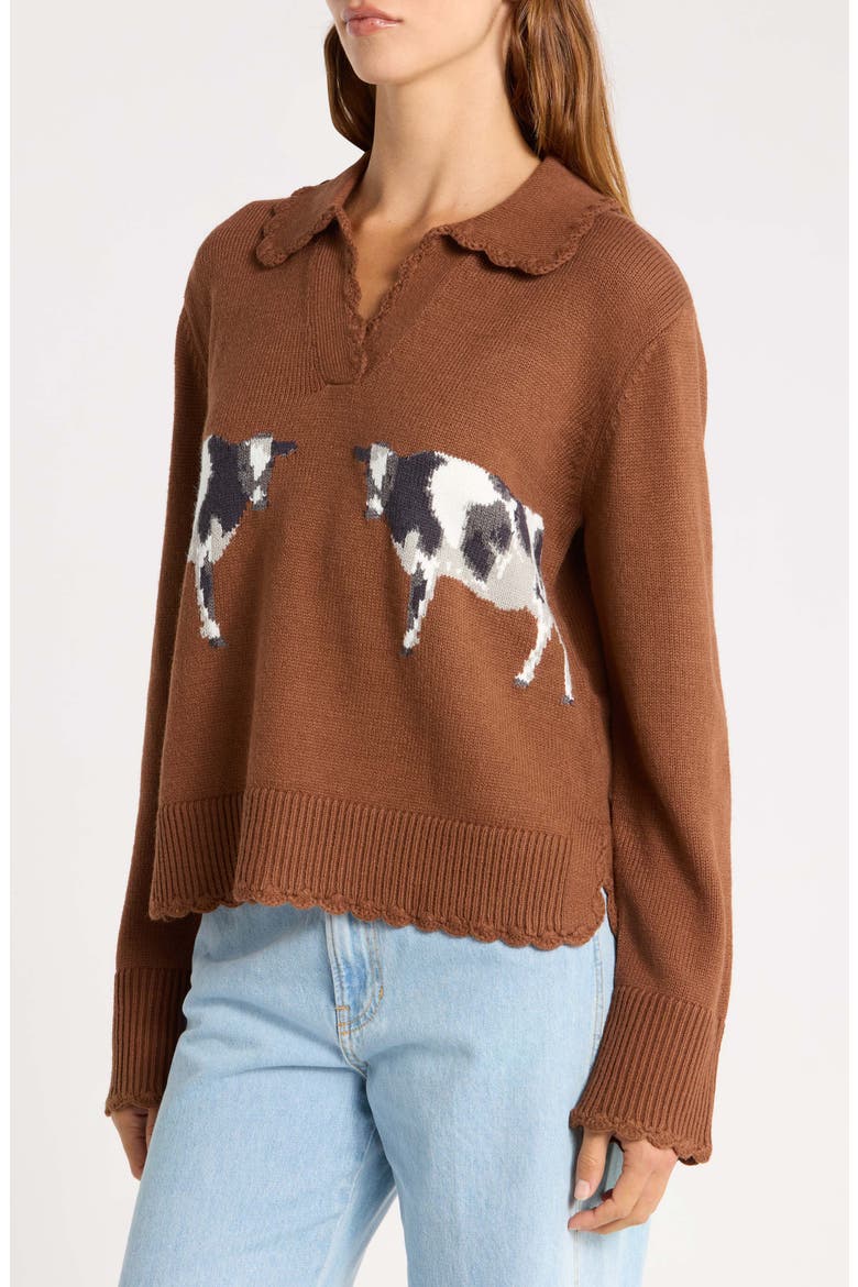 Countryside Cow Split Neck Sweater, Alternate, color, BROWN