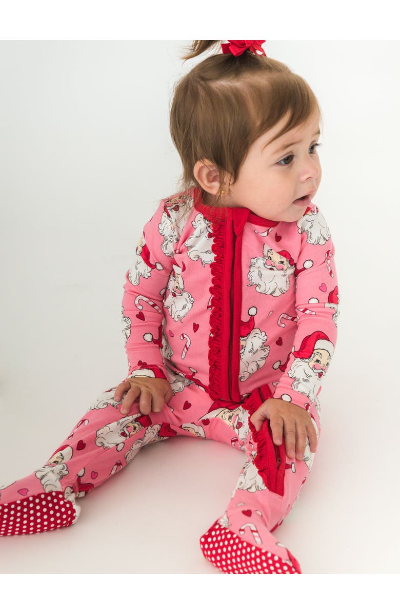 RuffleButts Baby Girls Modal Blend Ruffle One Piece Footie Pajamas, Alternate, color, Pink Santa Joy