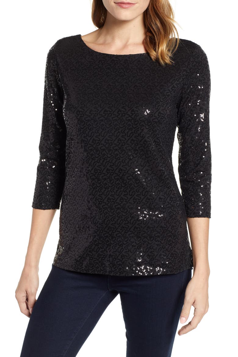 Gibson x Glam Squad Megan Sequin Embellished Scoop Back Top (Nordstrom Exclusive), Main, color, BLACK