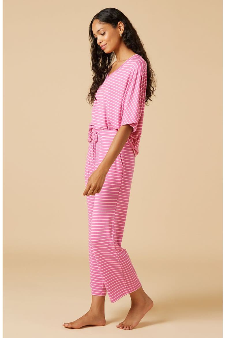 Dream Jersey Relaxed V-Neck with Capri Lounge Set, Alternate, color, Fuchsia Stripe