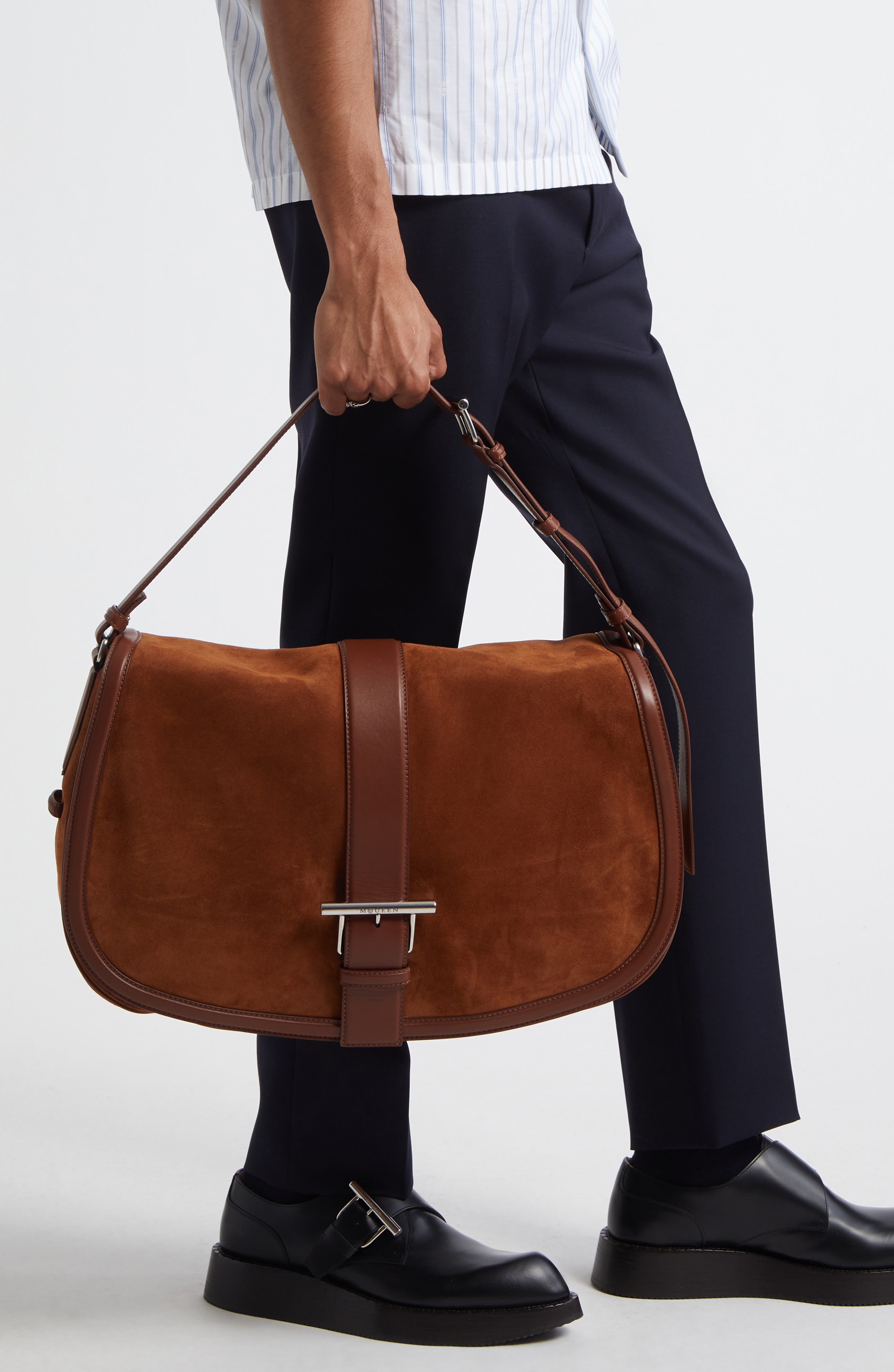 McQueen Maxi T-Bar Suede Shoulder Bag, Alternate, color, 