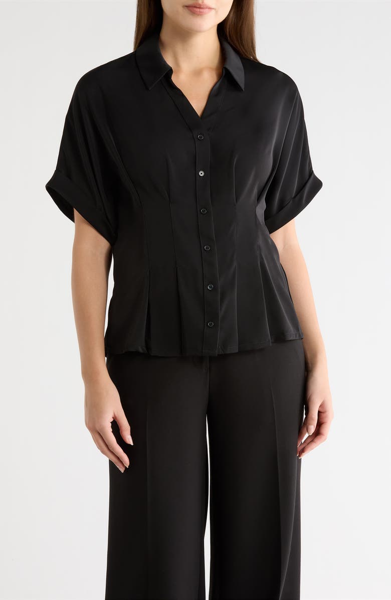 Adrianna Papell Pleated Waist Short Sleeve Button-Up Shirt, Main, color, Black
