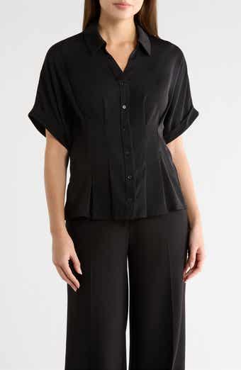 Adrianna Papell Pleated Waist Short Sleeve Button-Up Shirt