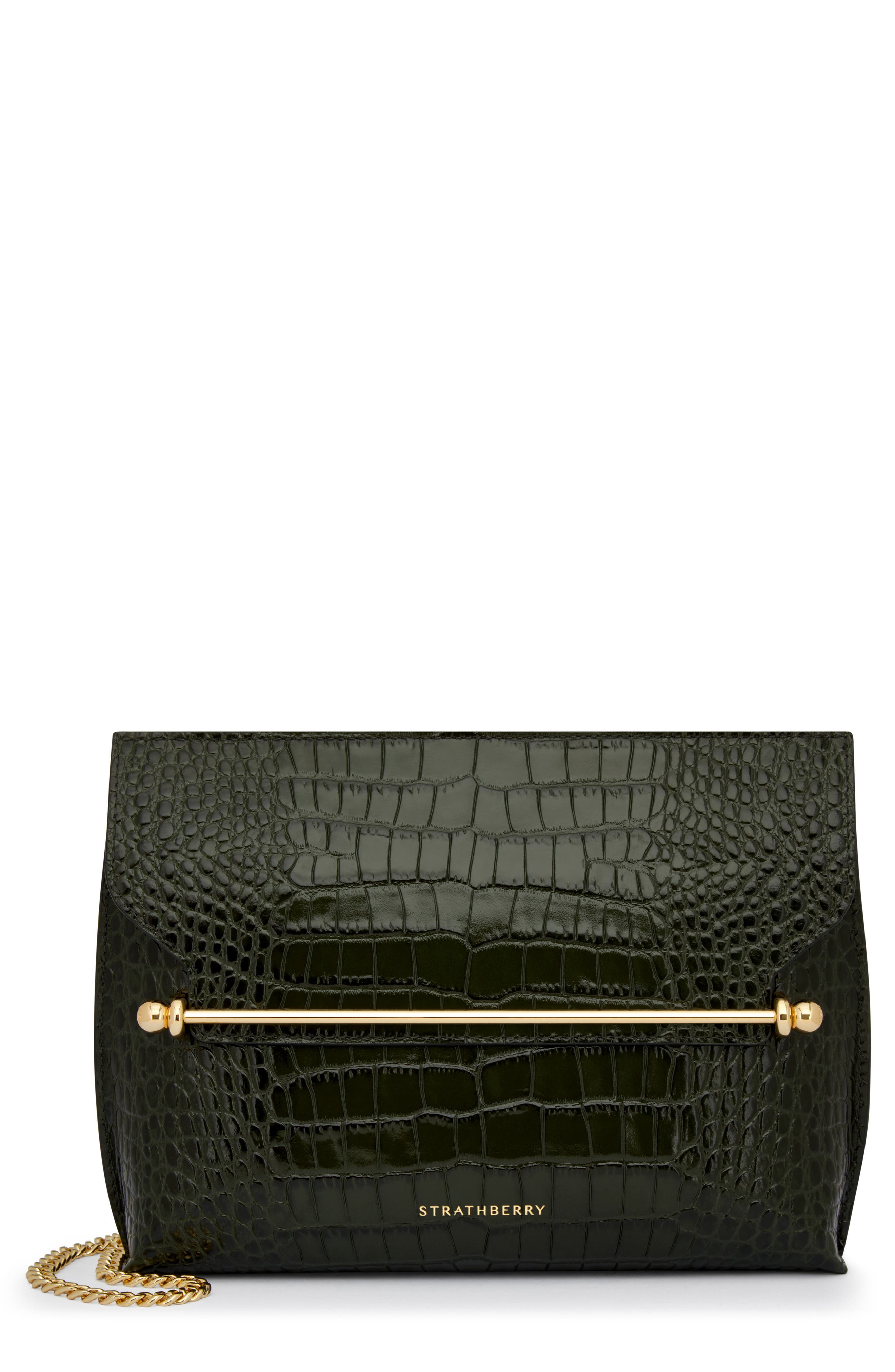 Strathberry Stylist Croc Embossed Leather Clutch, Main, color, Forest