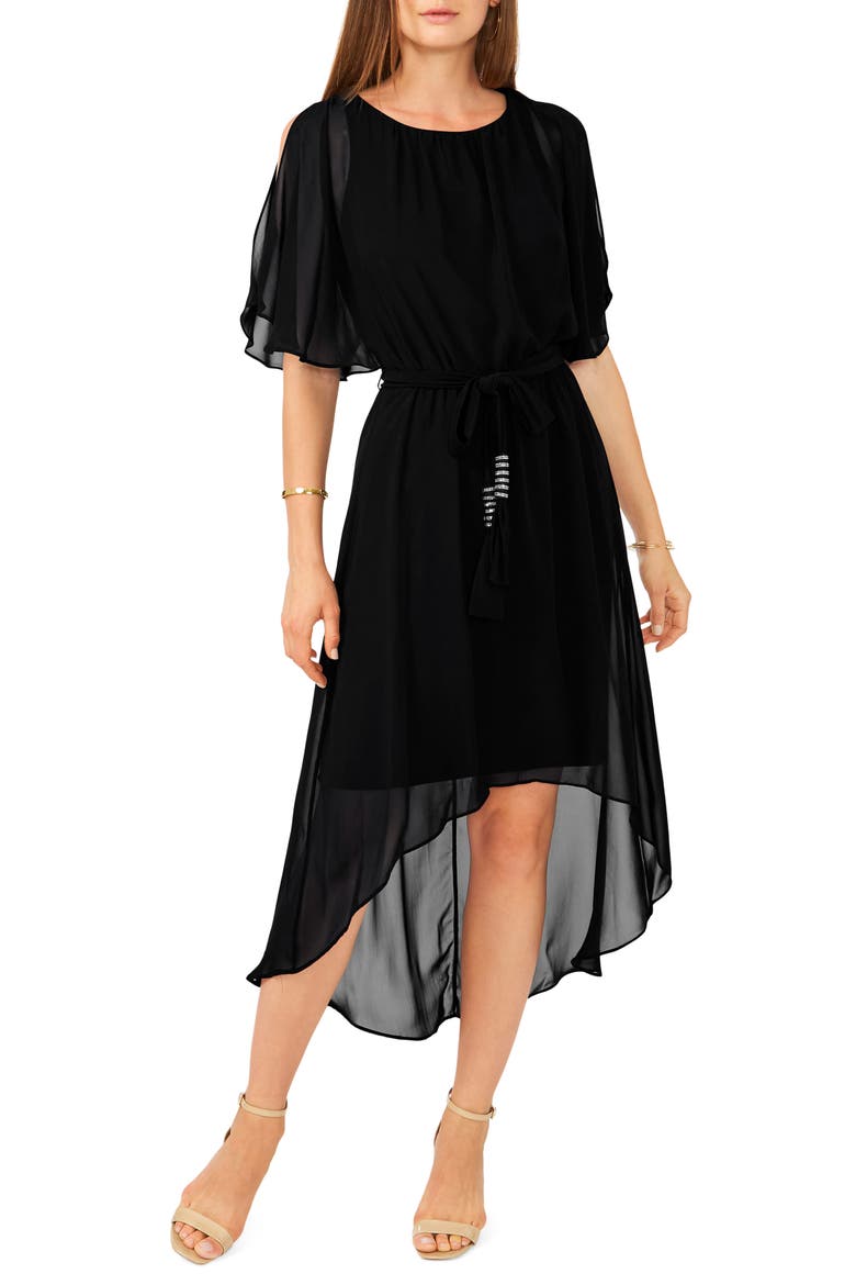 Flutter Sleeve Chiffon High-Low Dress, Main, color, RICH BLACK