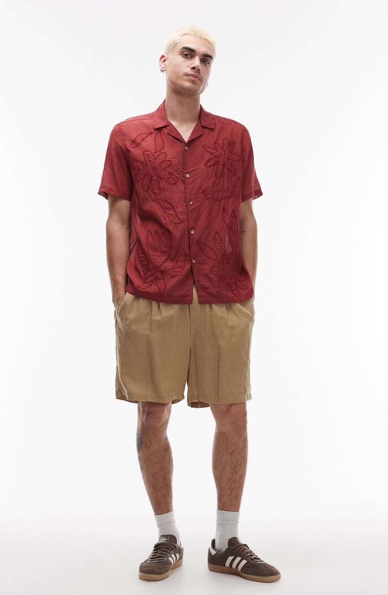 Topman Sheer Embroidered Camp Shirt, Alternate, color, Red