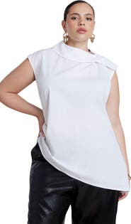 ELOQUII Poplin Asymmetric Draped Sleeveless Top