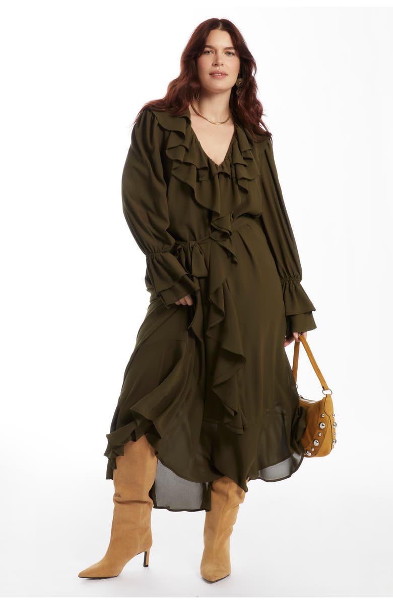 June + Vie Cascading Ruffle Maxi Dress, Main, color, Forest Night