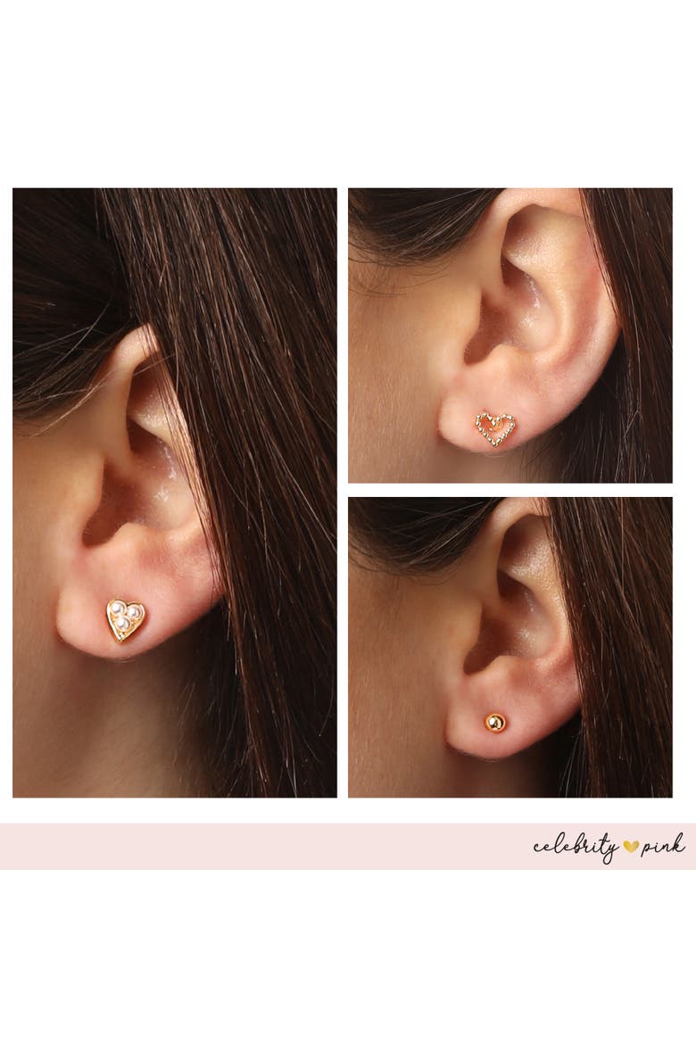 Gold-Tone Heart Stud Earrings and Huggie Hoops Pack of 6 | 6-Pack, Gold Heart Earrings, Faux Pearl Accents, Faux Pearl Accents, Alternate, color, Gold-Tone