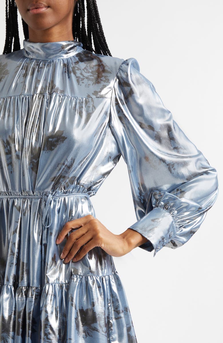 Cinq à Sept Farha Metallic Floral Long Sleeve Tiered Dress, Alternate, color, Rustic Blue Multi